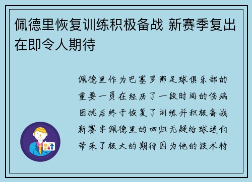 佩德里恢复训练积极备战 新赛季复出在即令人期待 佩德里恢复训练积极备战 新赛季复出在即令人期待