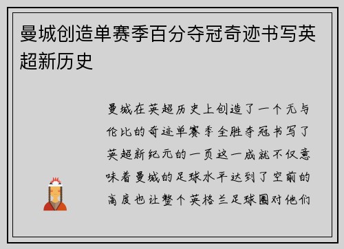 曼城创造单赛季百分夺冠奇迹书写英超新历史
